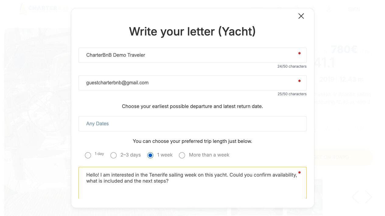 CharterBnB Smart Guide staging screenshot