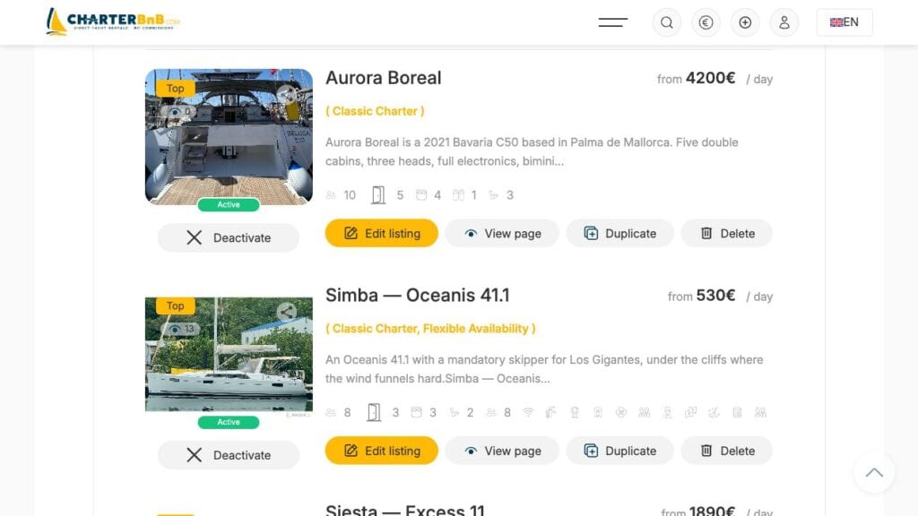 Edit or delete a yacht listing